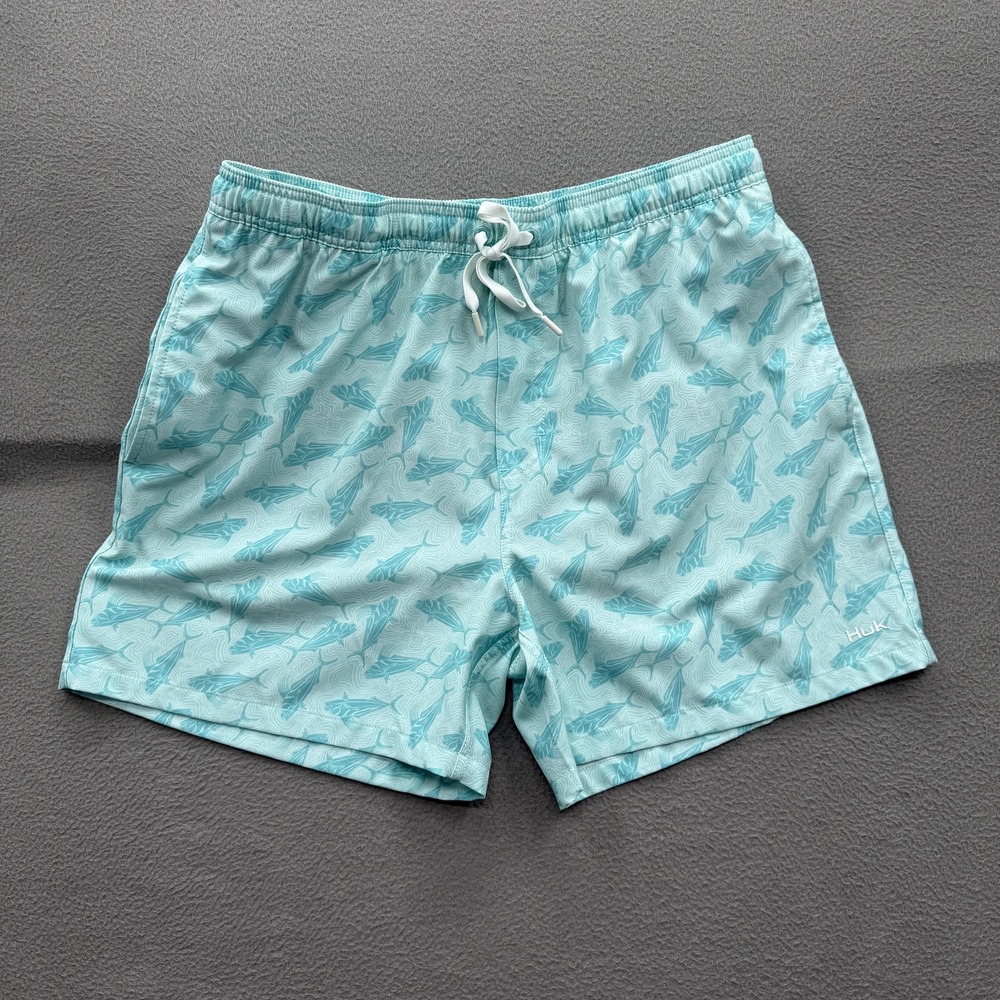 Huk Swim Shorts Mens XL Blue Fish Print Trunks Lined Quick Dry Beach
